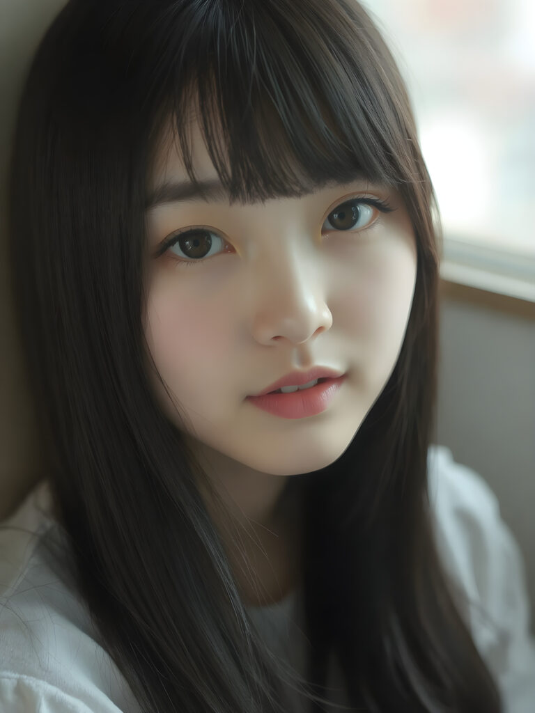 a (((super realistic upper body photo))), captured from a (((young stunning and gorgeous well-busted Korean teen girl)) with long straight obsidian black hair, Korean style bangs, full lips, hyper-realistic eyes with perfectly matching pupils and white irises, a small flawless nose, and perfectly aligned and symmetrical front teeth