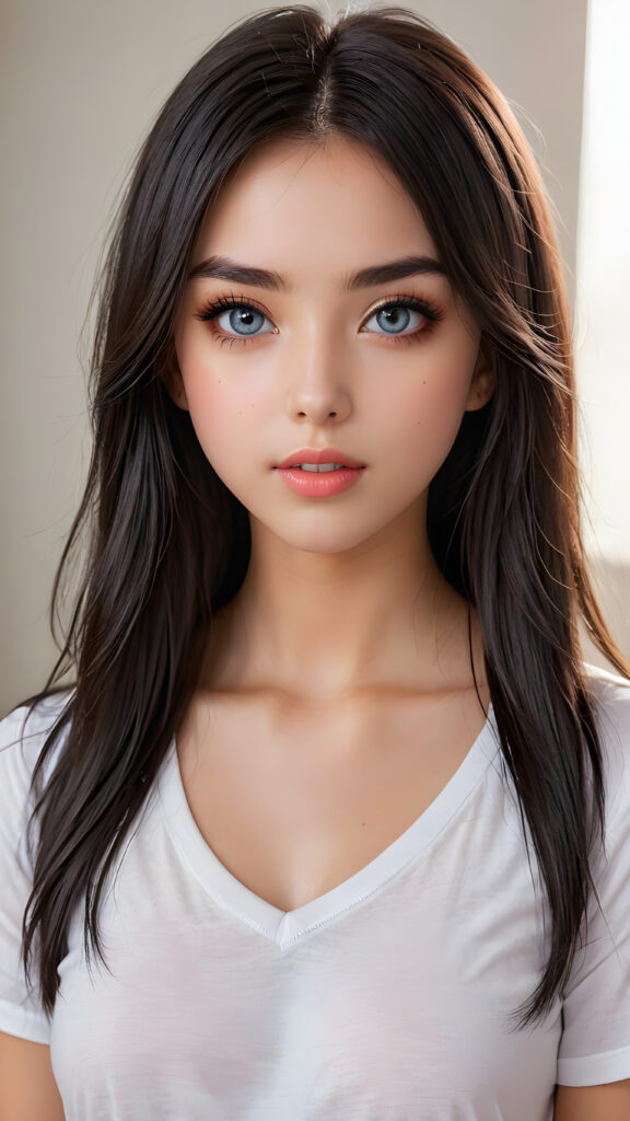 (((anime)) a (((young stunning and gorgeous well-busted teen girl)) with long straight obsidian hair, full lips, hyper-realistic eyes with perfectly matching pupils and white irises, a small flawless nose, and perfectly aligned and symmetrical front teeth, dressed in a (short tight white t-shirt with an open v-neck)