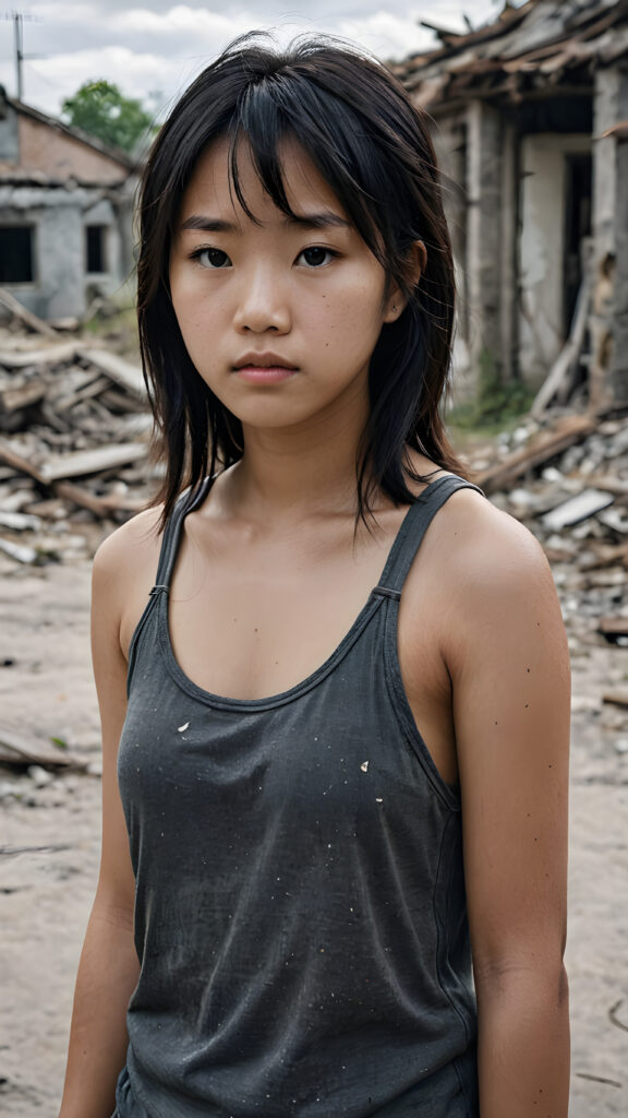 a (((super realistic image))) capturing a (((young, abandoned, sad, lonely, poor Asian teen girl, perfect curved body))) with shoulder-length disheveled obsidian hair in bangs cut, looking sadly at the viewer. She is hopelessly poor and scantly dressed in a tattered grey tank top, standing alone. Her face is dirty and she's skinny. In the background, there are realistically detailed (ruins) representing destroyed houses from war, adding a sense of desolation and despair, (bird's eye view)