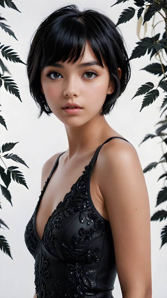 a (((super realistic, highly detailed, intricate photography))), capturing a (((beautiful young teen girl))) with an extremely defined and detailed face, including (((perfect, detailed obsidian black short hair, bangs))), intense eye shadow, and a (short, v-neck black tank top) with (sharply contrasting, luxurious black and white details), paired with (distinctively shaped, vividly hued glass heels) and a (modern, minimalist white backdrop) for a (full body photo) that exudes an (ominous, seductive aura), accented by (subtle yet intricate gothic details) like (dark, twisted foliage) and (ethereal, shimmering glowing particles) that imbue a sense of mystery and magic