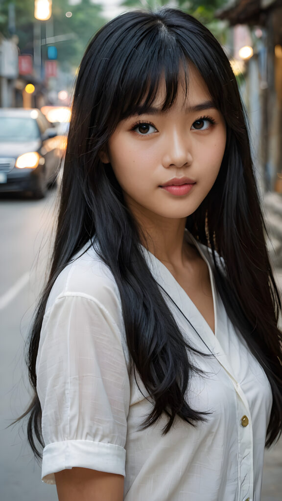 a (((super realistic, detailed portrait))), featuring a (((beautiful young Vietnamese girl with long black soft hair, bangs))), she is thin and poor dressed, her gaze softly directed towards the viewer, perfect curved body