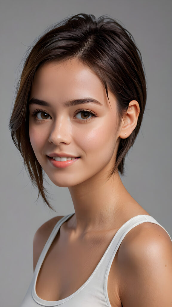 a (((super realistic 4K-detailed face))) with a perfect, slightly curved facial structure and expressive features, set against a softly gray (((background))), facing the camera with short, straight hair and a cute, young girl’s smile, wearing a sleek, minimalist ((straight-shouldered tank top)), in a (side view, advanced perspective)