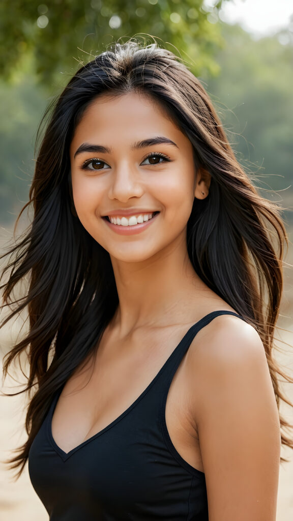 a (((super realistic photograph))), capturing a (((beautiful young free and happy Pakistani girl))) with (((detailed, long straight jet black full soft hair))), flawlessly smooth skin, and bright, natural-looking eyes, alluring smile, poised in a happy, comfortable position. She wears a ((short tight tank top)), deep v-neck with open front that highlights her perfect figure. The scene is framed by her full body, featuring a (((happy face))) with perfect teeth and a natural looking smile that complements her flawless skin, (a city in Pakistan in backdrop)