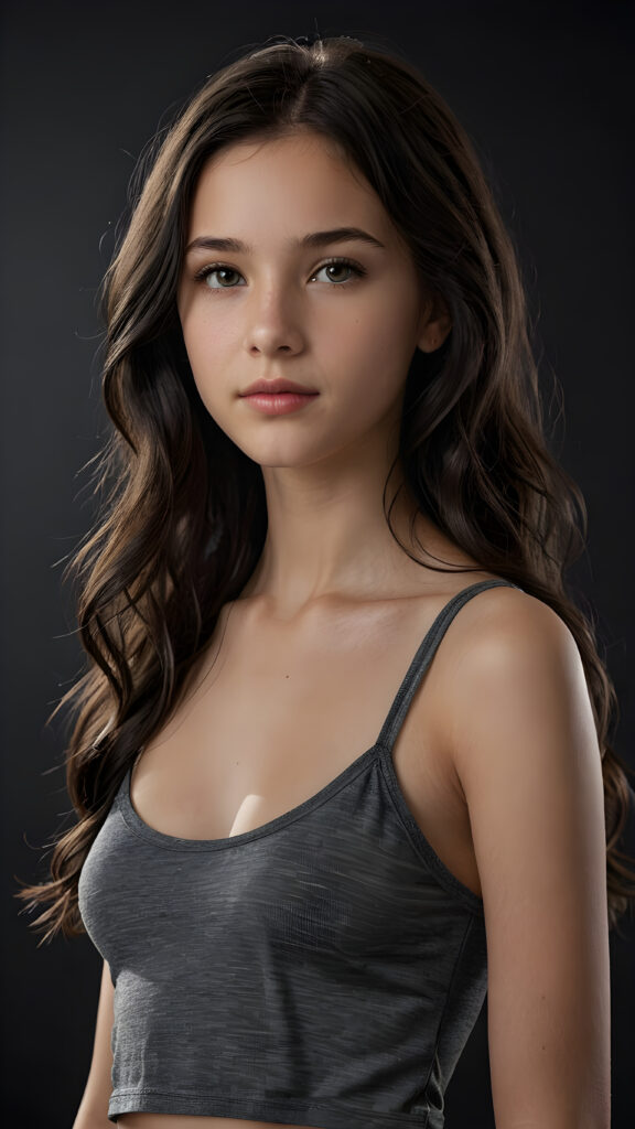 a (((super realistic and highly detailed full-body photo))), capturing a (((beautiful and innocent 13-year-old Caucasian girl))) with (((very long, thick, wavy black hair))), and (a short, cropped tank top), she stands in a (dark, gloomy setting) with (volumetric lighting) that brings out her (natural features) and (beautiful eyes), set against a (plain, dark backdrop) that focuses on her face, with (black hair) (perfect, accurate anatomy) and (high quality, high detail) that make her a (super-realistic, 3D character)