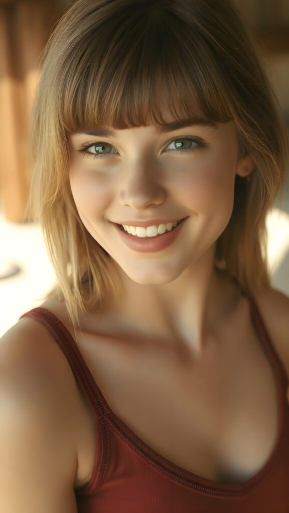 a (((super realistic full length photo))), capturing a (((beautifully proportioned young well busty teen girl))) with luxurious, sun-kissed bangs and (detailed, hyper-realistic freckles) that perfectly frame her face, complemented by (perfectly white teeth) and a (tiny, yet incredibly defined v-neck on her short, tight tank top. The photo exudes a sense of (extreme clarity and detail), highlighting every aspect of her features. Her face is seen in a full-body shot, against a (sunny backdrop that perfectly complements her features). She is seen from a side shot, emphasizing her (striking beauty) and perfect proportions. The photo is seen in a (high-resolution, ultra-realistic detail), capturing the essence of a (super realistic moment).