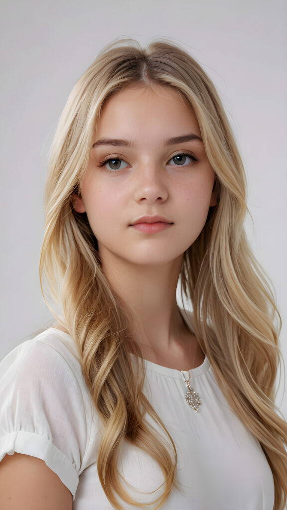 a (((super realistic teenage girl))) with long, straight, (((blond hair))) that cascade down her elegant yet (((attractive face))) and frame a (((realistically detailed angelic round face))) that seems to convey a sense of melancholy in a (((perfectly curved portrait shot))), standing against a (((barely there)) white backdrop)