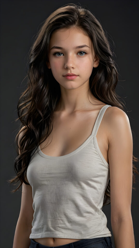 a (((super realistic and highly detailed full-body photo))), capturing a (((beautiful and innocent 13-year-old Caucasian girl))) with (((very long, thick, wavy black hair))), and (a short, cropped tank top), she stands in a (dark, gloomy setting) with (volumetric lighting) that brings out her (natural features) and (beautiful eyes), set against a (plain, dark backdrop) that focuses on her face, with (black hair) (perfect, accurate anatomy) and (high quality, high detail) that make her a (super-realistic, 3D character)