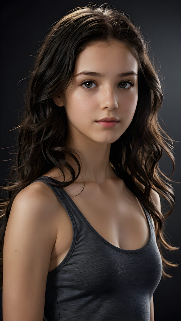 a (((super realistic and highly detailed full-body photo))), capturing a (((beautiful and innocent 13-year-old Caucasian girl))) with (((very long, thick, wavy black hair))), and (a short, cropped tank top), she stands in a (dark, gloomy setting) with (volumetric lighting) that brings out her (natural features) and (beautiful eyes), set against a (plain, dark backdrop) that focuses on her face, with (black hair) (perfect, accurate anatomy) and (high quality, high detail) that make her a (super-realistic, 3D character)