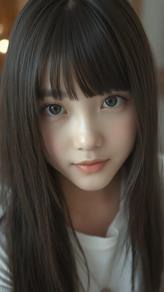 a (((super realistic full body photo))), captured from a (((young stunning and gorgeous well-busted Japanese teen girl)) with long straight obsidian hair, bangs cut, full lips, hyper-realistic eyes with perfectly matching pupils and white irises, a small flawless nose, and perfectly aligned and symmetrical front teeth, dressed in a (short tight white t-shirt with a deep v-neck)