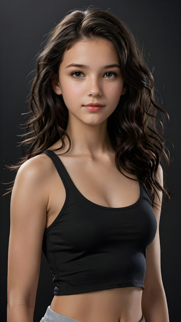 a (((super realistic and highly detailed full-body photo))), capturing a (((beautiful and innocent 13-year-old Caucasian girl))) with (((very long, thick, wavy black hair))), and (a short, cropped tank top), she stands in a (dark, gloomy setting) with (volumetric lighting) that brings out her (natural features) and (beautiful eyes), set against a (plain, dark backdrop) that focuses on her face, with (black hair) (perfect, accurate anatomy) and (high quality, high detail) that make her a (super-realistic, 3D character)