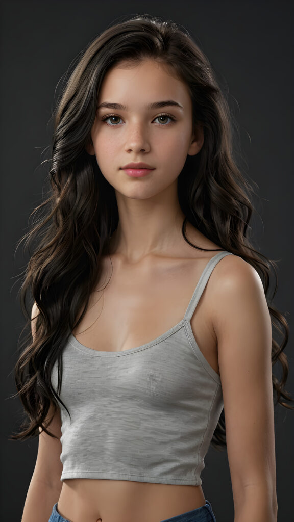 a (((super realistic and highly detailed full-body photo))), capturing a (((beautiful and innocent 13-year-old Caucasian girl))) with (((very long, thick, wavy black hair))), and (a short, cropped tank top), she stands in a (dark, gloomy setting) with (volumetric lighting) that brings out her (natural features) and (beautiful eyes), set against a (plain, dark backdrop) that focuses on her face, with (black hair) (perfect, accurate anatomy) and (high quality, high detail) that make her a (super-realistic, 3D character)