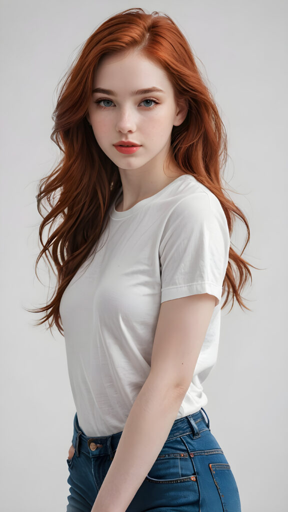 a (((super realistic and highly detailed full-body portrait))), featuring a (((beautiful young girl with delicate, pale white skin))), long, fluffy, super soft red hair that covers half her face, with natural red lips and a cute, playful expression, looking sweetly into the camera. She's dressed in a (((white t-shirt and jeans))), with a (((natural, full-body view))), exuding a (((super real, full-body essence))), as if captured in a (((realistic film scene))). The background is (((completely blurred out)), creating a (((purely fantasy, abstract white backdrop))), against which the girl's features and clothes appear in sharp detail, embodying an ultra-detailed, surreal fantasy aesthetic that is both realistic and highly detailed, with an 8K resolution that brings out every subtle detail, capturing the essence of the latest trends in artstation and photorealistic concept art. ((full body))