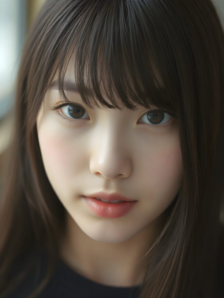 a (((super realistic upper body photo))), captured from a (((young stunning and gorgeous well-busted Korean teen girl)) with long straight obsidian black hair, Korean style bangs, full lips, hyper-realistic eyes with perfectly matching pupils and white irises, a small flawless nose, and perfectly aligned and symmetrical front teeth