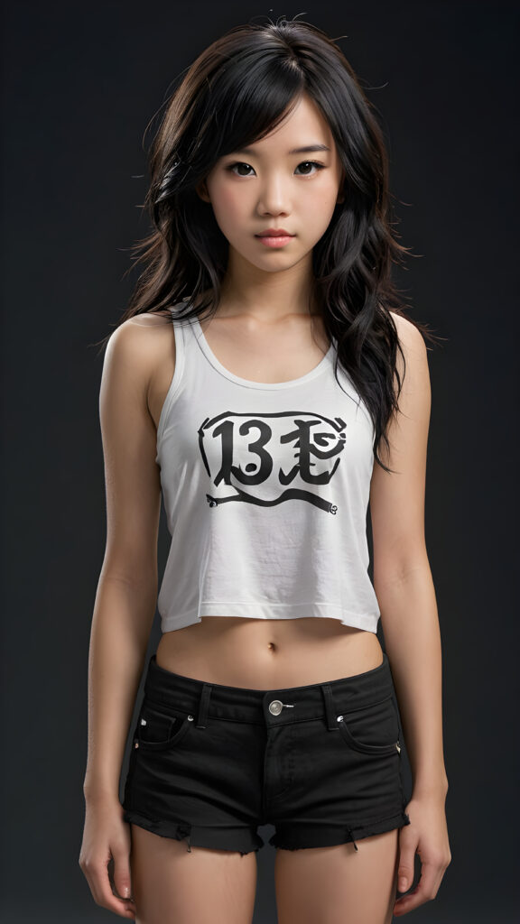 a (((super realistic and highly detailed full-body photo))), capturing a (((beautiful and innocent 13-year-old Asian Emo girl))) with (((very long, thick, wavy black hair))), and (a short, cropped tank top), she stands in a (dark, gloomy setting) with (volumetric lighting) that brings out her (natural features) and (beautiful eyes), set against a (plain, dark backdrop) that focuses on her face, with (black hair) (perfect, accurate anatomy) and (high quality, high detail) that make her a (super-realistic, 3D character)