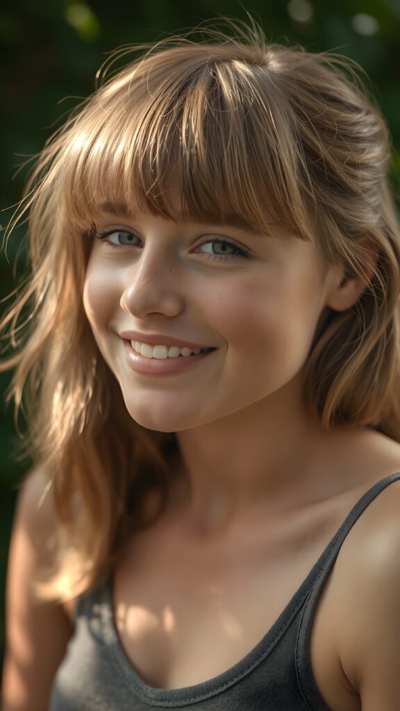 a (((super realistic full length photo))), capturing a (((beautifully proportioned young Exotic teen girl))) with luxurious, sun-kissed bangs and (detailed, hyper-realistic freckles) that perfectly frame her face, complemented by (perfectly white teeth) and a (tiny, yet incredibly defined v-neck on her short, tight tank top. The photo exudes a sense of (extreme clarity and detail), highlighting every aspect of her features. Her face is seen in a full-body shot, against a (green backdrop that perfectly complements her features). She is seen from a side shot, emphasizing her (striking beauty) and perfect proportions. The photo is seen in a (high-resolution, ultra-realistic detail), capturing the essence of a (super realistic moment).