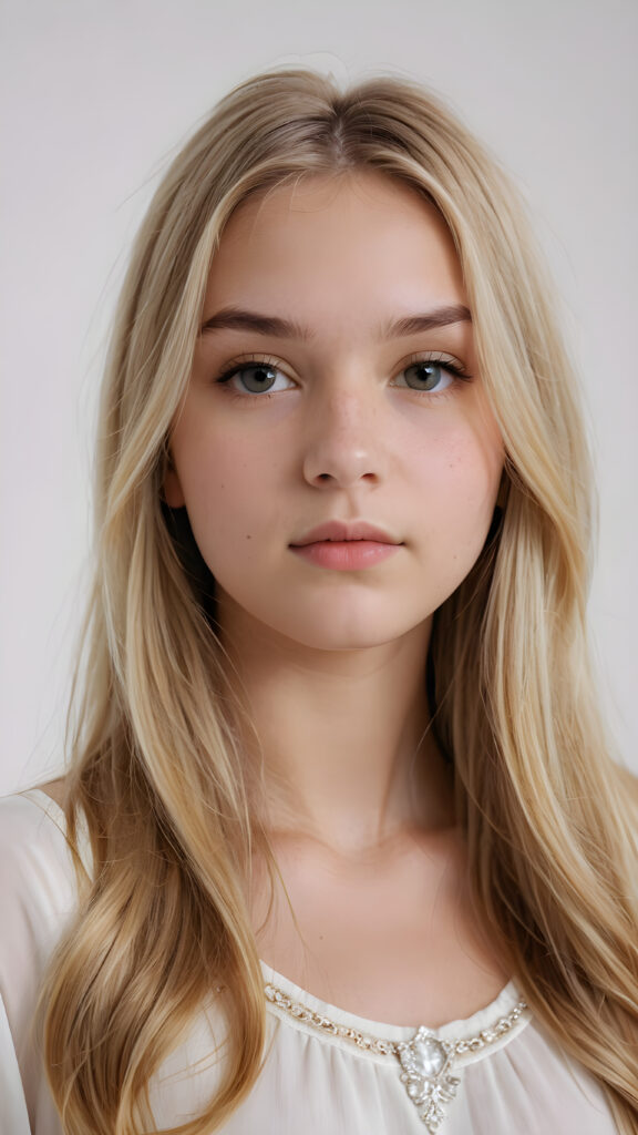 a (((super realistic teenage girl))) with long, straight, (((blond hair))) that cascade down her elegant yet (((attractive face))) and frame a (((realistically detailed angelic round face))) that seems to convey a sense of melancholy in a (((perfectly curved portrait shot))), standing against a (((barely there)) white backdrop)