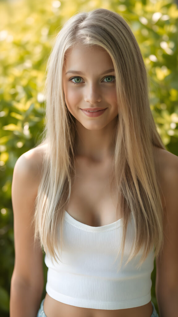 a (((super realistic full body portrait))) featuring a (((beautifully proportioned young teen girl, 14 years old))), round face, full lips, with luxurious ((long, straight jet soft blond hair)) and ((bright green eyes)), dressed in a (((super short, tight white crop top tank top with deep v-neck))), show her belly button, which perfectly complements her sleek, with a (sunny green backdrop) that gives off a (fantastical, whimsical vibe). Her smile is both friendly and sophisticated