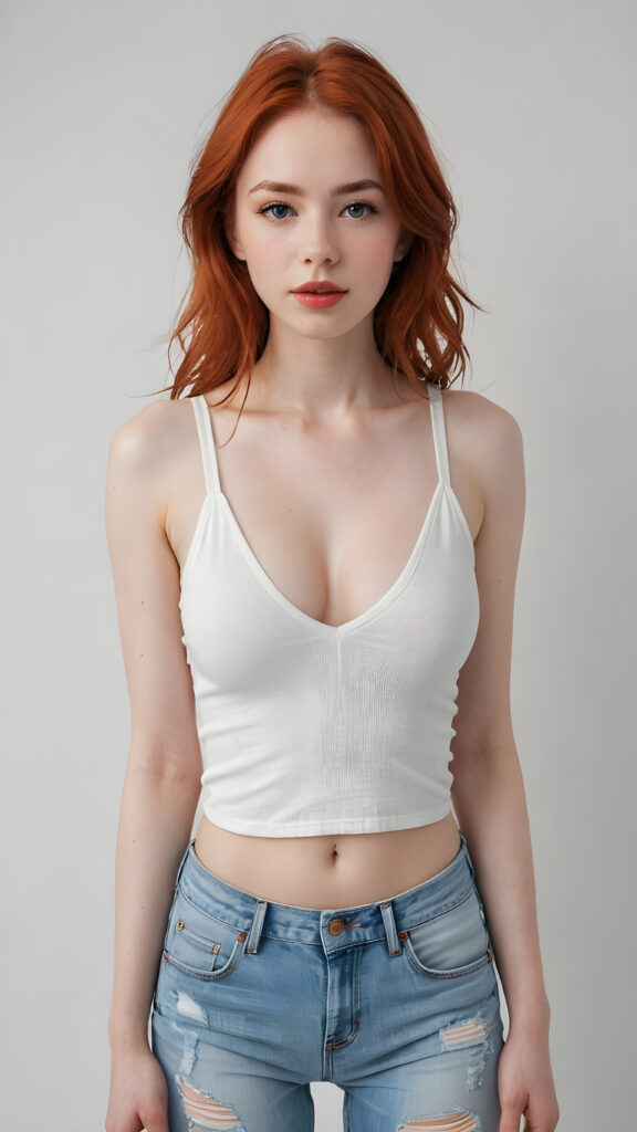 a (((super realistic and highly detailed full-body portrait))), featuring a (((beautiful young girl with delicate, pale white skin))), long, fluffy, super soft red hair that covers half her face, with natural red lips and a cute, playful expression, looking sweetly into the camera. She's dressed in a (((white cropped tank top with deep v-neck and jeans))), with a (((natural, full-body view))), exuding a (((super real, full-body essence))), as if captured in a (((realistic film scene))). The background is (((completely blurred out)), creating a (((purely fantasy, abstract white backdrop))), against which the girl's features and clothes appear in sharp detail, embodying an ultra-detailed, surreal fantasy aesthetic that is both realistic and highly detailed, with an 8K resolution that brings out every subtle detail, capturing the essence of the latest trends in artstation and photorealistic concept art. ((full body))