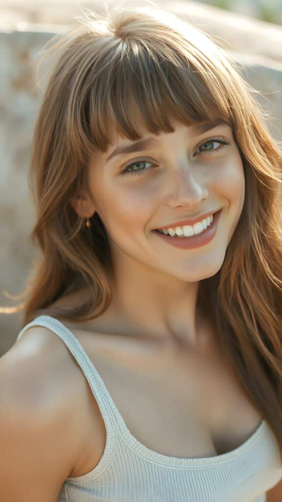 a (((super realistic full length photo))), capturing a (((beautifully proportioned young well busty teen girl))) with luxurious, sun-kissed bangs and (detailed, hyper-realistic freckles) that perfectly frame her face, complemented by (perfectly white teeth) and a (tiny, yet incredibly defined v-neck on her short, tight tank top. The photo exudes a sense of (extreme clarity and detail), highlighting every aspect of her features. Her face is seen in a full-body shot, against a (sunny backdrop that perfectly complements her features). She is seen from a side shot, emphasizing her (striking beauty) and perfect proportions. The photo is seen in a (high-resolution, ultra-realistic detail), capturing the essence of a (super realistic moment).