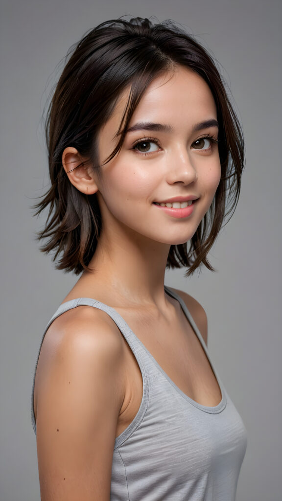 a (((super realistic 4K-detailed face))) with a perfect, slightly curved facial structure and expressive features, set against a softly gray (((background))), facing the camera with short, straight hair and a cute, young girl’s smile, wearing a sleek, minimalist ((straight-shouldered tank top)), in a (side view, advanced perspective)