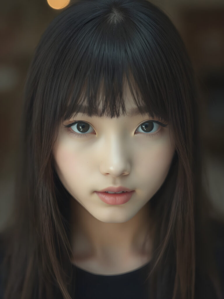 a (((super realistic upper body photo))), captured from a (((young stunning and gorgeous well-busted Korean teen girl)) with long straight obsidian black hair, Korean style bangs, full lips, hyper-realistic eyes with perfectly matching pupils and white irises, a small flawless nose, and perfectly aligned and symmetrical front teeth