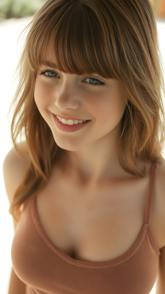 a (((super realistic full length photo))), capturing a (((beautifully proportioned young well busty teen girl))) with luxurious, sun-kissed bangs and (detailed, hyper-realistic freckles) that perfectly frame her face, complemented by (perfectly white teeth) and a (tiny, yet incredibly defined v-neck on her short, tight tank top. The photo exudes a sense of (extreme clarity and detail), highlighting every aspect of her features. Her face is seen in a full-body shot, against a (sunny backdrop that perfectly complements her features). She is seen from a side shot, emphasizing her (striking beauty) and perfect proportions. The photo is seen in a (high-resolution, ultra-realistic detail), capturing the essence of a (super realistic moment).