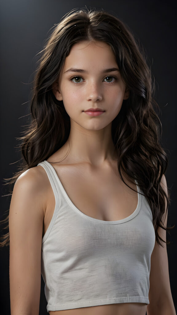 a (((super realistic and highly detailed full-body photo))), capturing a (((beautiful and innocent 13-year-old Caucasian girl))) with (((very long, thick, wavy black hair))), and (a short, cropped tank top), she stands in a (dark, gloomy setting) with (volumetric lighting) that brings out her (natural features) and (beautiful eyes), set against a (plain, dark backdrop) that focuses on her face, with (black hair) (perfect, accurate anatomy) and (high quality, high detail) that make her a (super-realistic, 3D character)