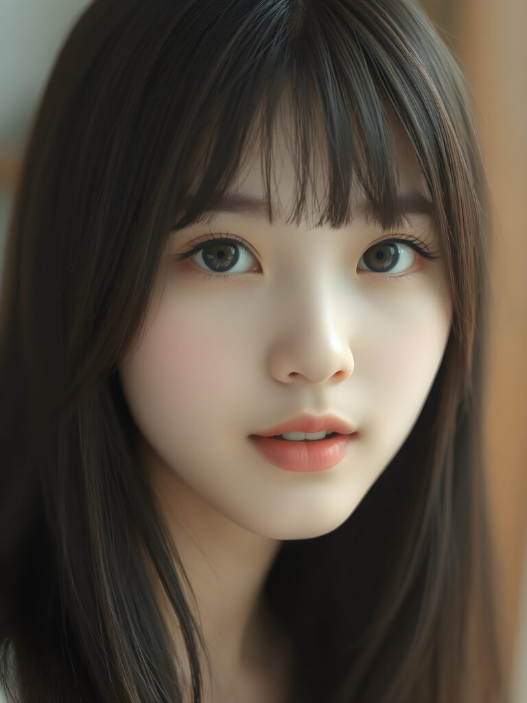 a (((super realistic upper body photo))), captured from a (((young stunning and gorgeous well-busted Korean teen girl)) with long straight obsidian black hair, Korean style bangs, full lips, hyper-realistic eyes with perfectly matching pupils and white irises, a small flawless nose, and perfectly aligned and symmetrical front teeth