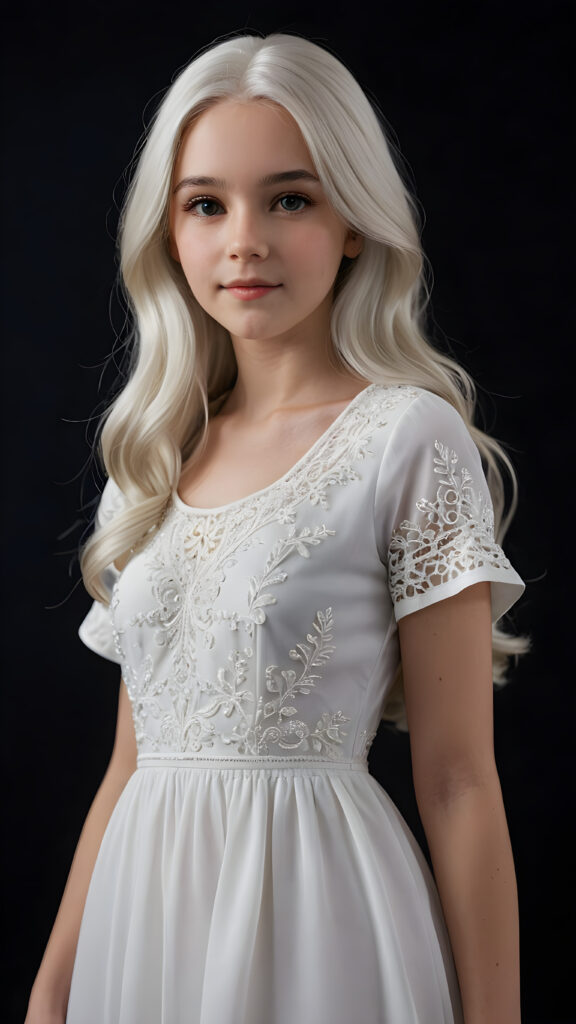 a (((super realistic and detailed)) white teenage girl with long, soft ((white hair)) and a ((white dress)), standing against a (((black backdrop))), her features and details intricate and lifelike