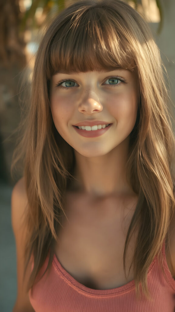 a (((super realistic full length photo))), capturing a (((beautifully proportioned young well busty teen girl))) with luxurious, sun-kissed bangs and (detailed, hyper-realistic freckles) that perfectly frame her face, complemented by (perfectly white teeth) and a (tiny, yet incredibly defined v-neck on her short, tight tank top. The photo exudes a sense of (extreme clarity and detail), highlighting every aspect of her features. Her face is seen in a full-body shot, against a (sunny backdrop that perfectly complements her features). She is seen from a side shot, emphasizing her (striking beauty) and perfect proportions. The photo is seen in a (high-resolution, ultra-realistic detail), capturing the essence of a (super realistic moment).