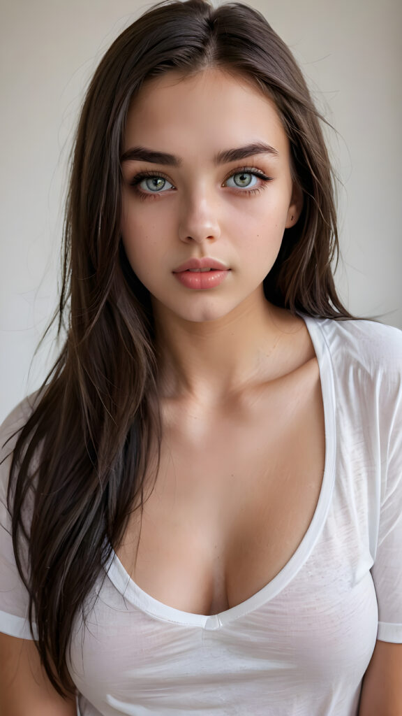 a (((super realistic photo))), captured from a (((young stunning and gorgeous well-busted teen girl)) with long straight obsidian hair, full lips, hyper-realistic eyes with perfectly matching pupils and white irises, a small flawless nose, and perfectly aligned and symmetrical front teeth, dressed in a (short tight white t-shirt with an open v-neck)