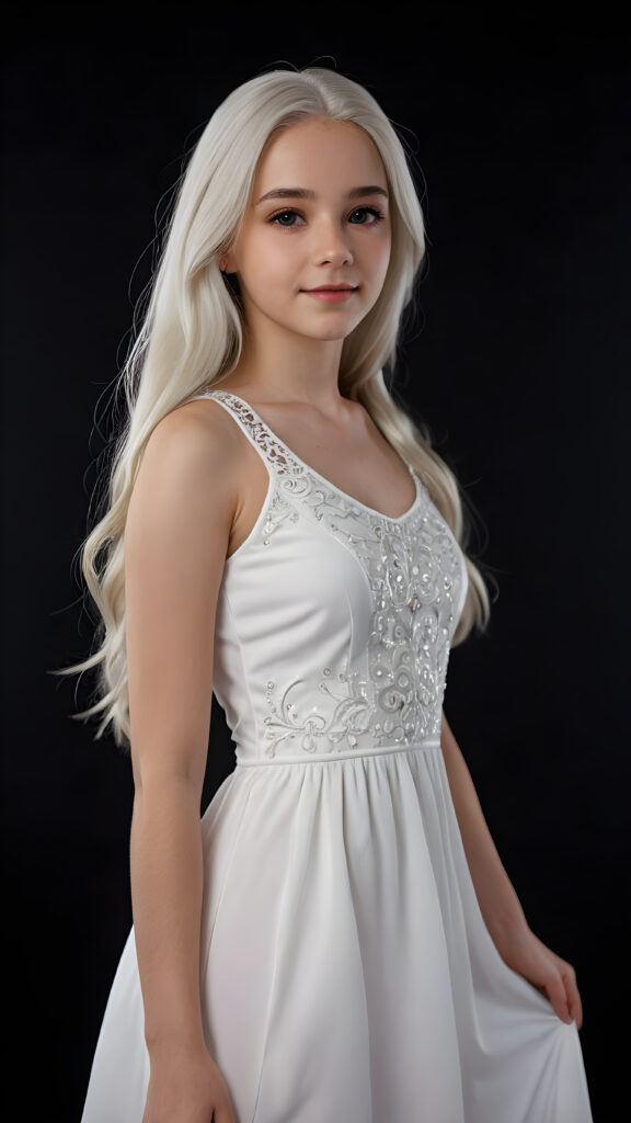 a (((super realistic and detailed)) white teenage girl with long, soft ((white hair)) and a ((white dress)), standing against a (((black backdrop))), her features and details intricate and lifelike