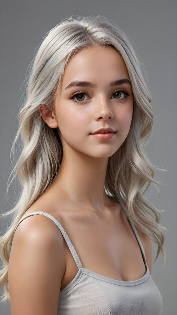 a (((super realistic, 4K-detailed face))) of a (((cute young girl))) with perfectly curved body and straight, long, soft white hair in a (croptop), looking directly at the camera with a (side view) against a (grey background), advanced as a pencil drawing