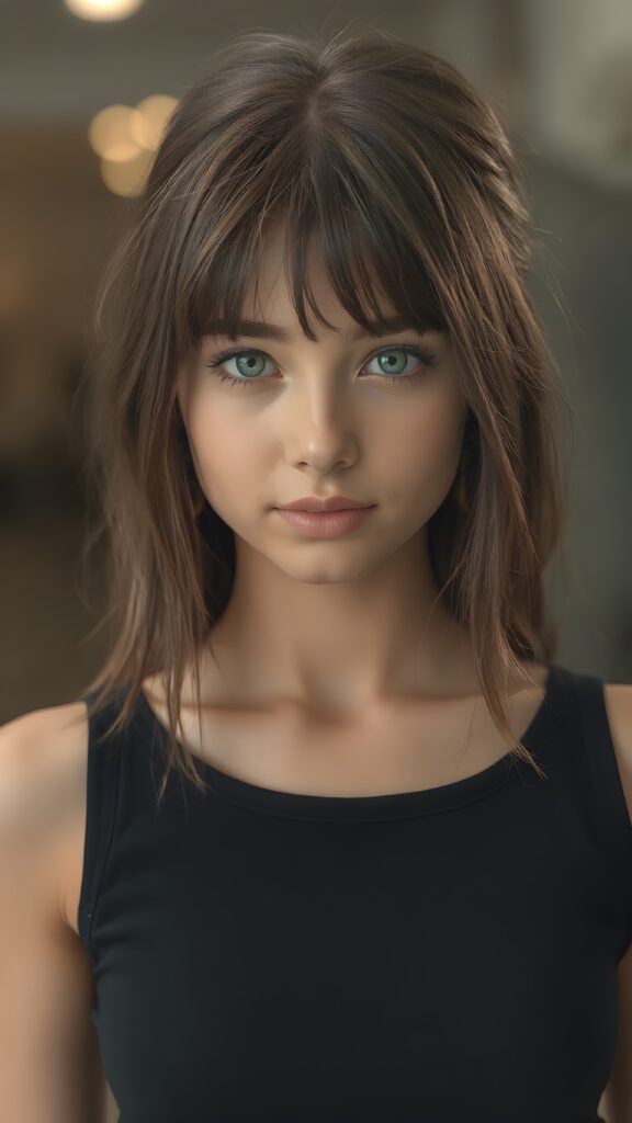 a (((super realistic full body photo))), showcasing a (((beautiful young teen girl))) who exudes the essence of a (professional model), with sleek, exceptionally well-crafted bangs that frame her face perfectly. Her skin is exceptionally clear and detailed, with a (short tight black crop top) that complements her toned, athletic figure, and (perfectly symmetrical round pupils) that make eye contact with the camera. Her smile is both natural and extremely well-crafted, embodying an (ultimate realism). (((The focus on her face and eyes ensures that every detail is highly advanced and ultra-realistic, from the texture of her skin to the quality of her light.)))