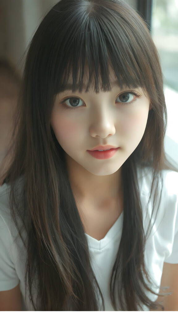 a (((super realistic full body photo))), captured from a (((young stunning and gorgeous well-busted Japanese teen girl)) with long straight obsidian hair, bangs cut, full lips, hyper-realistic eyes with perfectly matching pupils and white irises, a small flawless nose, and perfectly aligned and symmetrical front teeth, dressed in a (short tight white t-shirt with a deep v-neck)