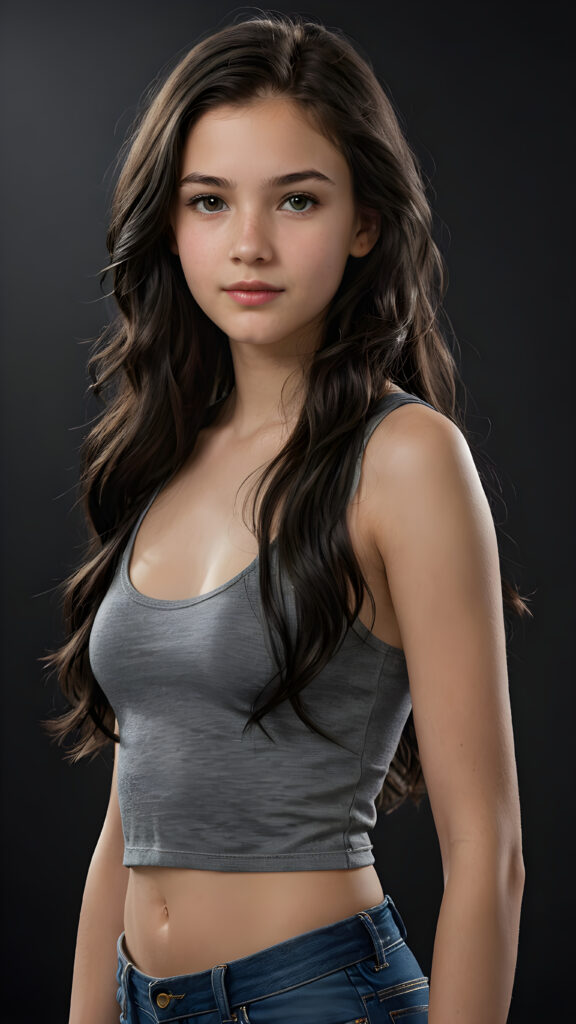 a (((super realistic and highly detailed full-body photo))), capturing a (((beautiful and innocent 13-year-old Caucasian girl))) with (((very long, thick, wavy black hair))), and (a short, cropped tank top), she stands in a (dark, gloomy setting) with (volumetric lighting) that brings out her (natural features) and (beautiful eyes), set against a (plain, dark backdrop) that focuses on her face, with (black hair) (perfect, accurate anatomy) and (high quality, high detail) that make her a (super-realistic, 3D character)