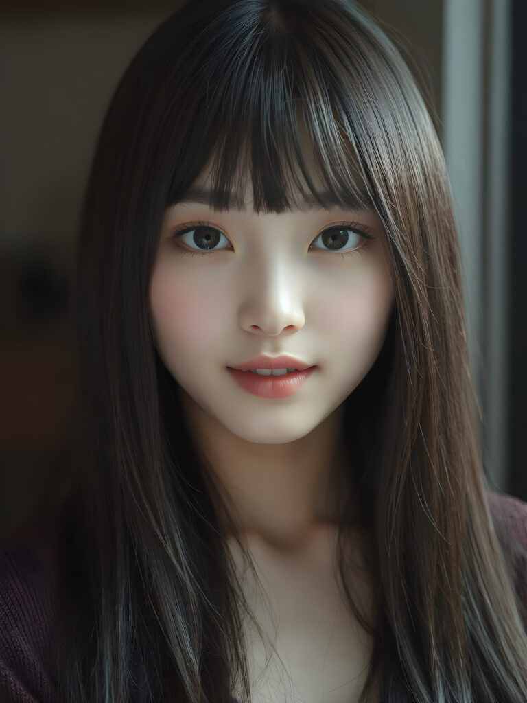 a (((super realistic upper body photo))), captured from a (((young stunning and gorgeous well-busted Korean teen girl)) with long straight obsidian black hair, Korean style bangs, full lips, hyper-realistic eyes with perfectly matching pupils and white irises, a small flawless nose, and perfectly aligned and symmetrical front teeth