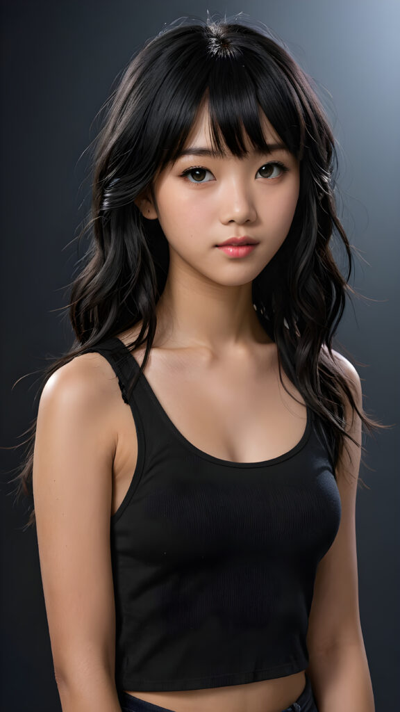 a (((super realistic and highly detailed full-body photo))), capturing a (((beautiful and innocent 13-year-old Asian Emo girl))) with (((very long, thick, wavy black hair with bangs))), and (a short, cropped tank top), she stands in a (dark, gloomy setting) with (volumetric lighting) that brings out her (natural features) and (beautiful eyes), set against a (plain, dark backdrop) that focuses on her face, with (black hair) (perfect, accurate anatomy) and (high quality, high detail) that make her a (super-realistic, 3D character)