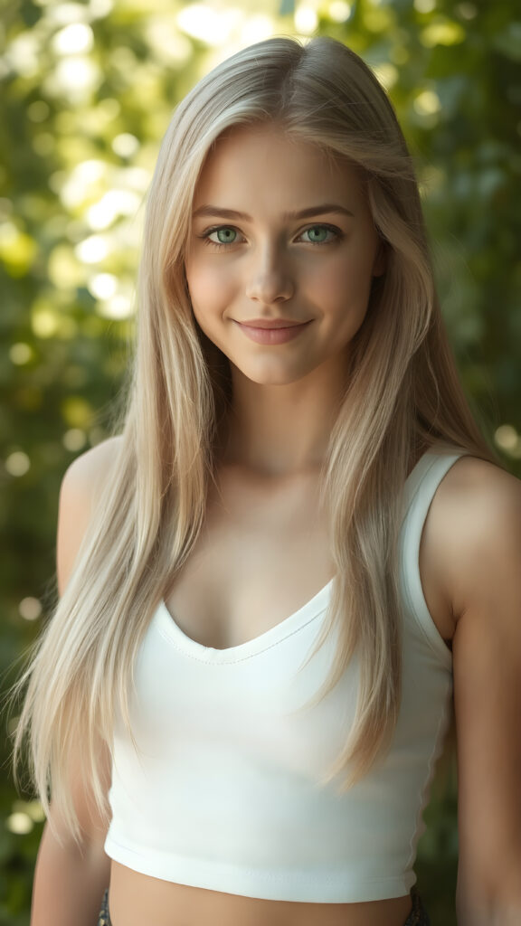 a (((super realistic full body portrait))) featuring a (((beautifully proportioned young teen girl, 14 years old))), round face, full lips, with luxurious ((long, straight jet soft blond hair)) and ((bright green eyes)), dressed in a (((super short, tight white crop top tank top with deep v-neck))), show her belly button, which perfectly complements her sleek, with a (sunny green backdrop) that gives off a (fantastical, whimsical vibe). Her smile is both friendly and sophisticated