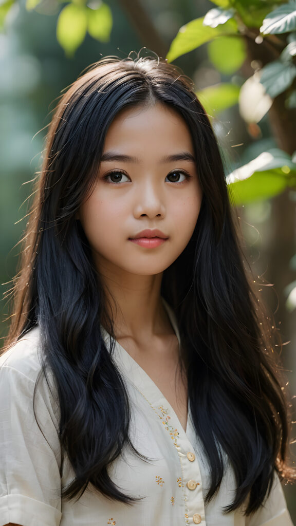 a (((super realistic, detailed portrait))), featuring a (((beautiful young 14 years old Vietnamese girl with long black soft hair))), her gaze softly directed towards the viewer, perfect curved body