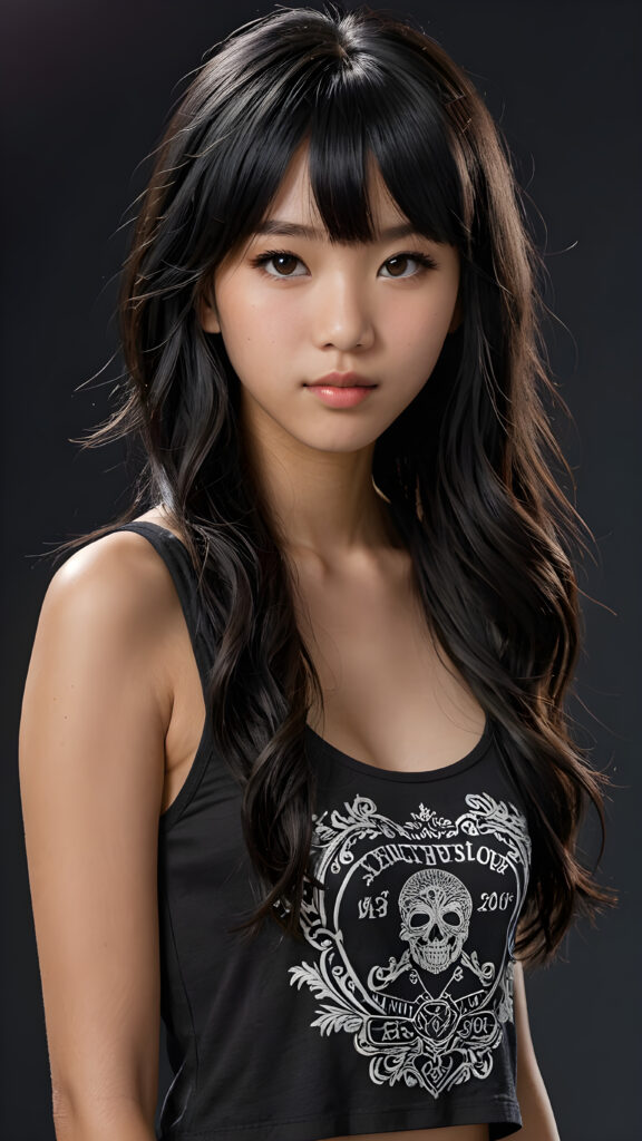 a (((super realistic and highly detailed full-body photo))), capturing a (((beautiful and innocent 13-year-old Asian Emo girl))) with (((very long, thick, wavy black hair with bangs))), and (a short, cropped tank top), she stands in a (dark, gloomy setting) with (volumetric lighting) that brings out her (natural features) and (beautiful eyes), set against a (plain, dark backdrop) that focuses on her face, with (black hair) (perfect, accurate anatomy) and (high quality, high detail) that make her a (super-realistic, 3D character)