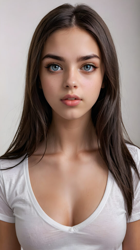 a (((super realistic photo))), captured from a (((young stunning and gorgeous well-busted teen girl)) with long straight obsidian hair, full lips, hyper-realistic eyes with perfectly matching pupils and white irises, a small flawless nose, and perfectly aligned and symmetrical front teeth, dressed in a (short tight white t-shirt with an open v-neck)