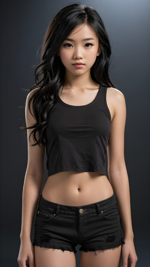 a (((super realistic and highly detailed full-body photo))), capturing a (((beautiful and innocent 13-year-old Asian Emo girl))) with (((very long, thick, wavy black hair))), and (a short, cropped tank top), she stands in a (dark, gloomy setting) with (volumetric lighting) that brings out her (natural features) and (beautiful eyes), set against a (plain, dark backdrop) that focuses on her face, with (black hair) (perfect, accurate anatomy) and (high quality, high detail) that make her a (super-realistic, 3D character)