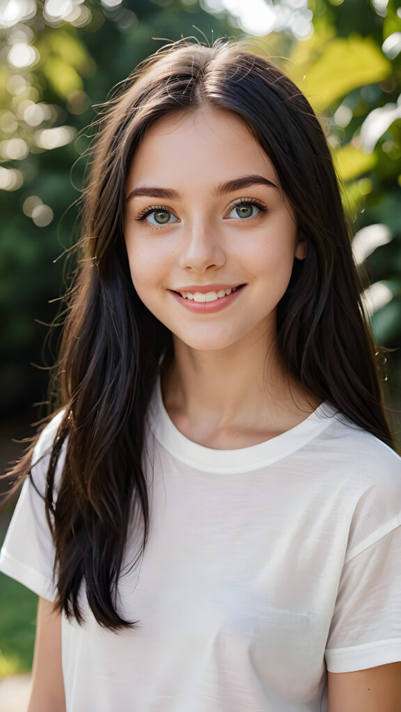 a (((super realistic))) (((detailed portrait))) of a (((beautiful young teen girl))) with (((super soft black long hair))), (((detailed big bright eyes))), and a (((playful smile))), wearing a (((white thin t-shirt))). Her complexion is a (((pale transparent complexion))), and she's posed in a (((relaxed playful pose))), looking sweetly into the camera