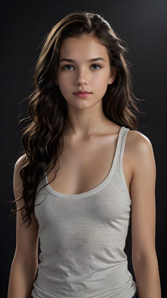 a (((super realistic and highly detailed full-body photo))), capturing a (((beautiful and innocent 13-year-old Caucasian girl))) with (((very long, thick, wavy black hair))), and (a short, cropped tank top), she stands in a (dark, gloomy setting) with (volumetric lighting) that brings out her (natural features) and (beautiful eyes), set against a (plain, dark backdrop) that focuses on her face, with (black hair) (perfect, accurate anatomy) and (high quality, high detail) that make her a (super-realistic, 3D character)