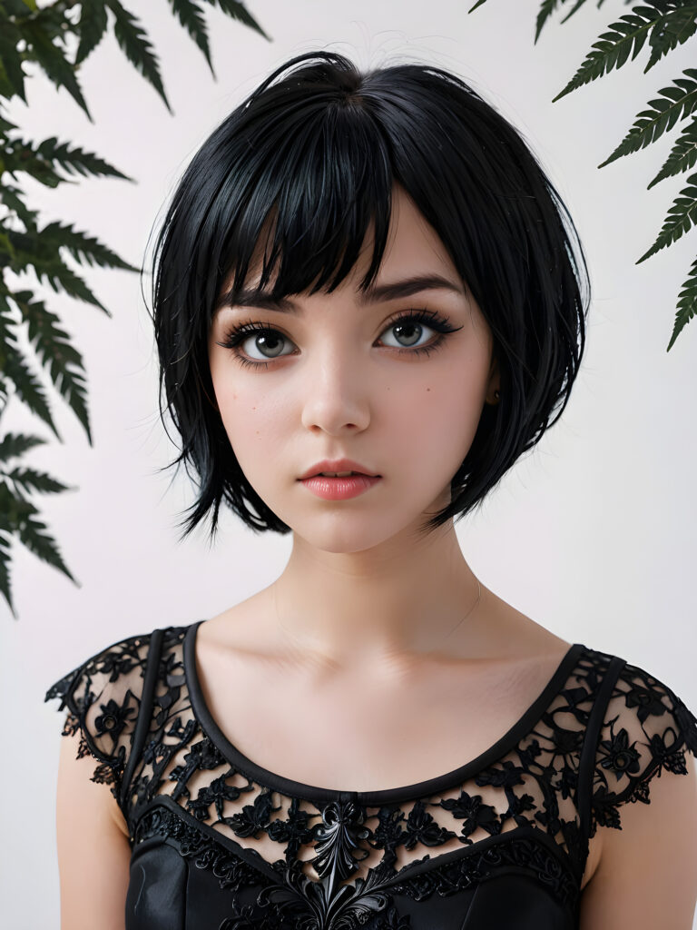 a (((super realistic, highly detailed, intricate photography))), capturing a (((beautiful young teen Emo girl))) with an extremely defined and detailed face, including (((perfect, detailed obsidian black short hair, bangs))), intense eye shadow, and a (short, detailed black dress) with (sharply contrasting, luxurious black and white details), paired with (distinctively shaped, vividly hued glass heels) and a (modern, minimalist white backdrop) for a (close-up, detailed portrait) that exudes an (ominous, seductive aura), accented by (subtle yet intricate gothic details) like (dark, twisted foliage) and (ethereal, shimmering glowing particles) that imbue a sense of mystery and magic