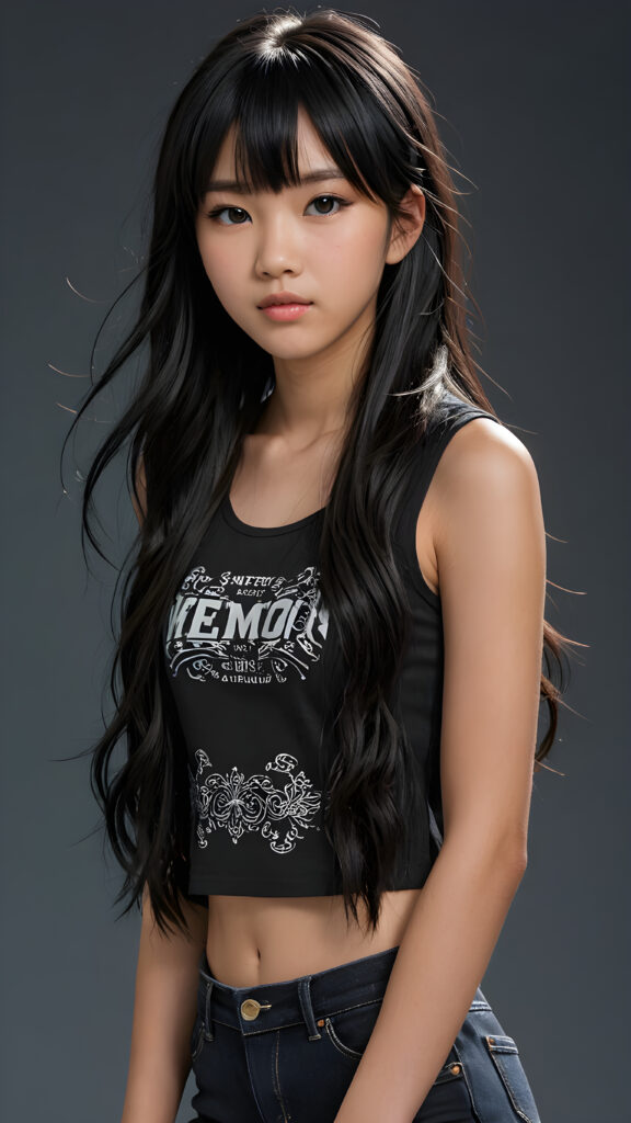 a (((super realistic and highly detailed full-body photo))), capturing a (((beautiful and innocent 13-year-old Asian Emo girl))) with (((very long, thick, wavy black hair with bangs))), and (a short, cropped tank top), she stands in a (dark, gloomy setting) with (volumetric lighting) that brings out her (natural features) and (beautiful eyes), set against a (plain, dark backdrop) that focuses on her face, with (black hair) (perfect, accurate anatomy) and (high quality, high detail) that make her a (super-realistic, 3D character)