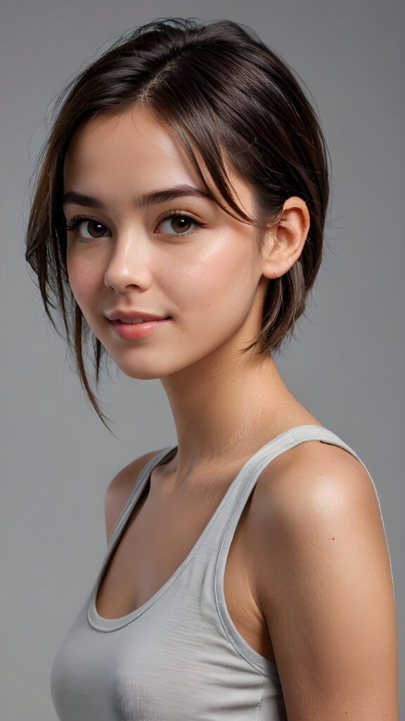 a (((super realistic 4K-detailed face))) with a perfect, slightly curved facial structure and expressive features, set against a softly gray (((background))), facing the camera with short, straight hair and a cute, young girl’s smile, wearing a sleek, minimalist ((straight-shouldered tank top)), in a (side view, advanced perspective)