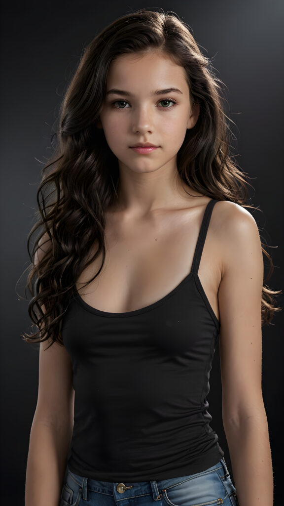 a (((super realistic and highly detailed full-body photo))), capturing a (((beautiful and innocent 13-year-old Caucasian girl))) with (((very long, thick, wavy black hair))), and (a short, cropped tank top), she stands in a (dark, gloomy setting) with (volumetric lighting) that brings out her (natural features) and (beautiful eyes), set against a (plain, dark backdrop) that focuses on her face, with (black hair) (perfect, accurate anatomy) and (high quality, high detail) that make her a (super-realistic, 3D character)