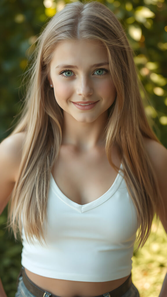 a (((super realistic full body portrait))) featuring a (((beautifully proportioned young teen girl, 14 years old))), round face, full lips, with luxurious ((long, straight jet soft blond hair)) and ((bright green eyes)), dressed in a (((super short, tight white crop top tank top with deep v-neck))), show her belly button, which perfectly complements her sleek, with a (sunny green backdrop) that gives off a (fantastical, whimsical vibe). Her smile is both friendly and sophisticated